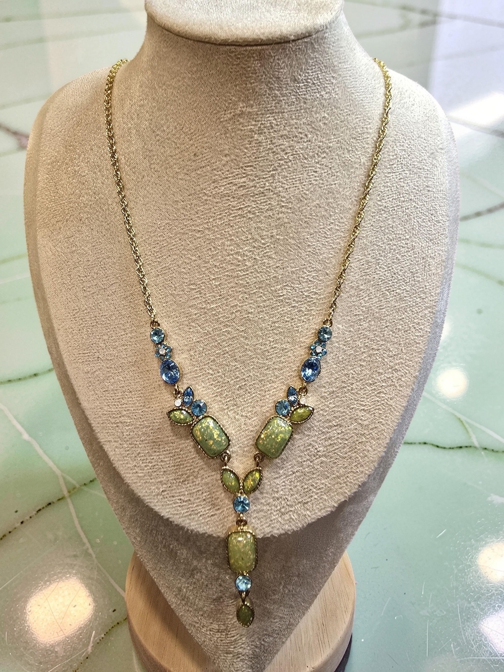 Vintage Avon Blue & Green Faux Opal Rhinestone Y-Drop Necklace